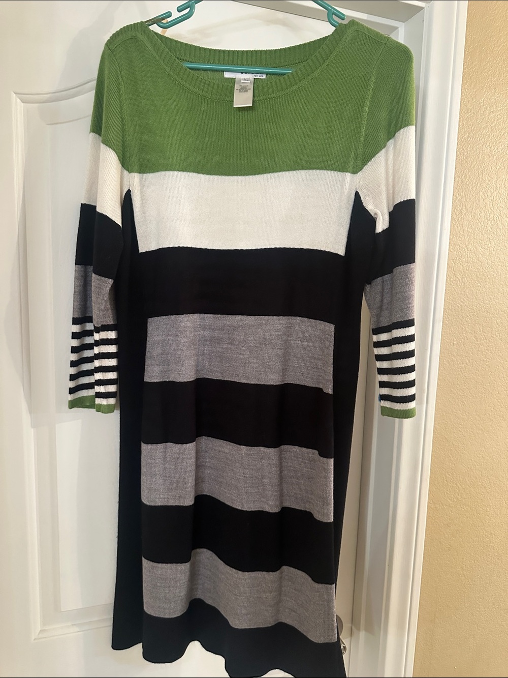 Knit Striped Boatneck Dress in Green, Black & Gray
